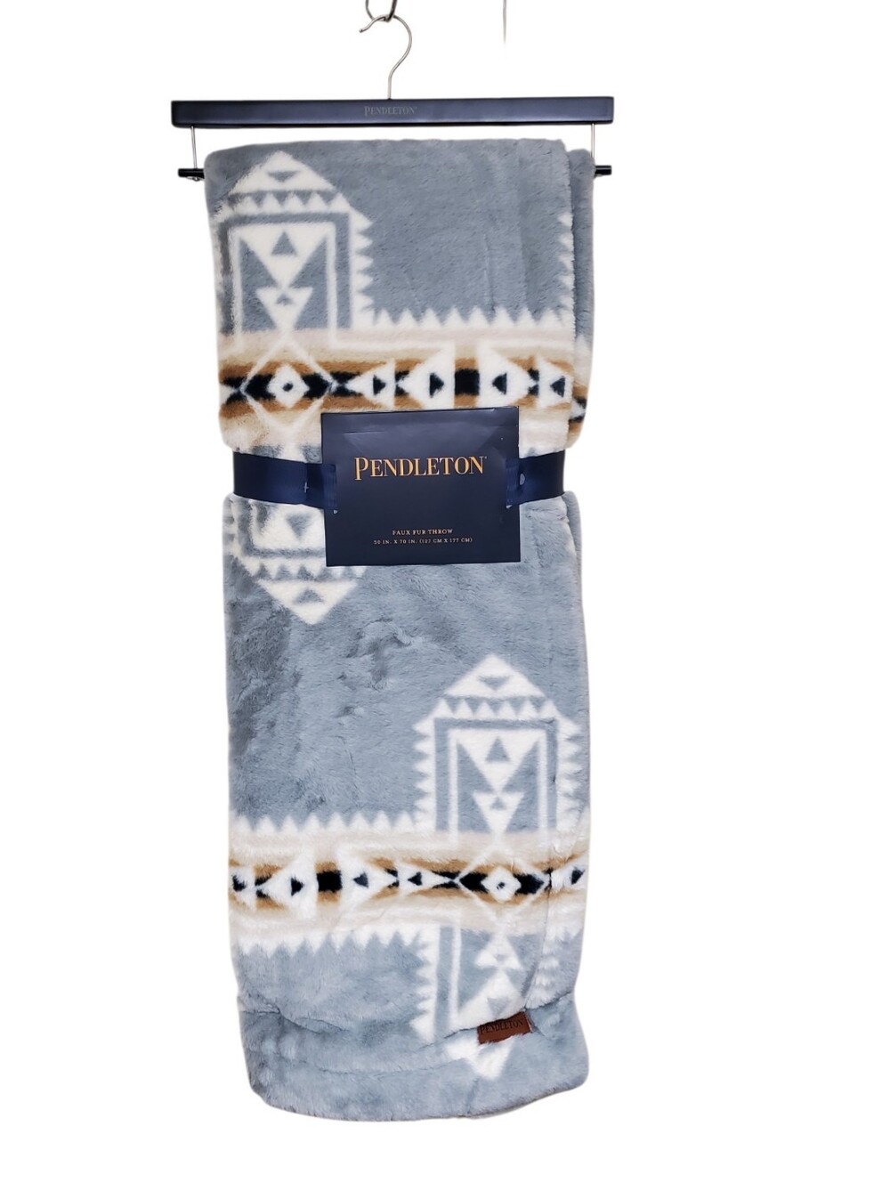 Pendleton Faux Fur Throw Light Blue Aztec Native Print 50x70" Plush Blanket NEW
